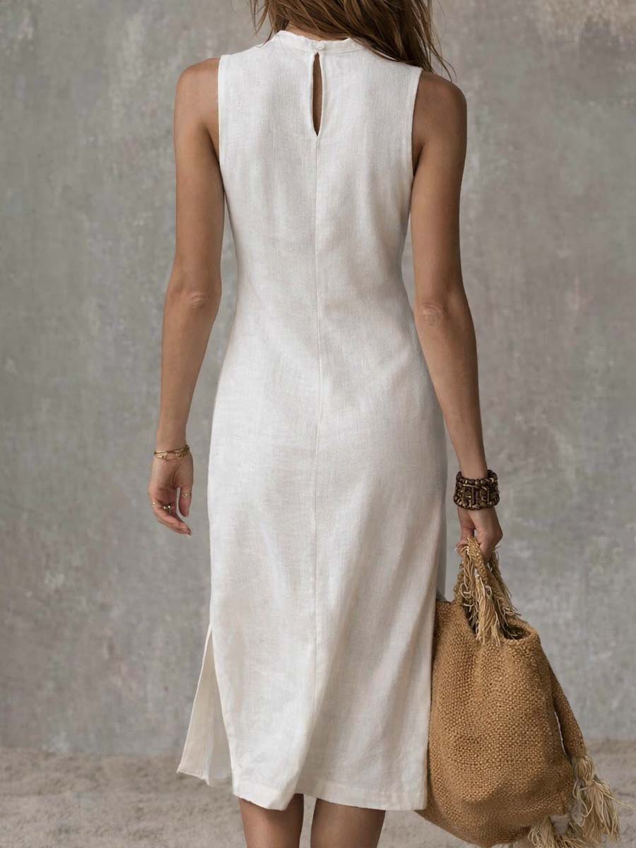 Midikleid Damen Stehkragen | Kleid Damen Seitenschlitz Ärmellos | Freizeitkleid Damen Elegant