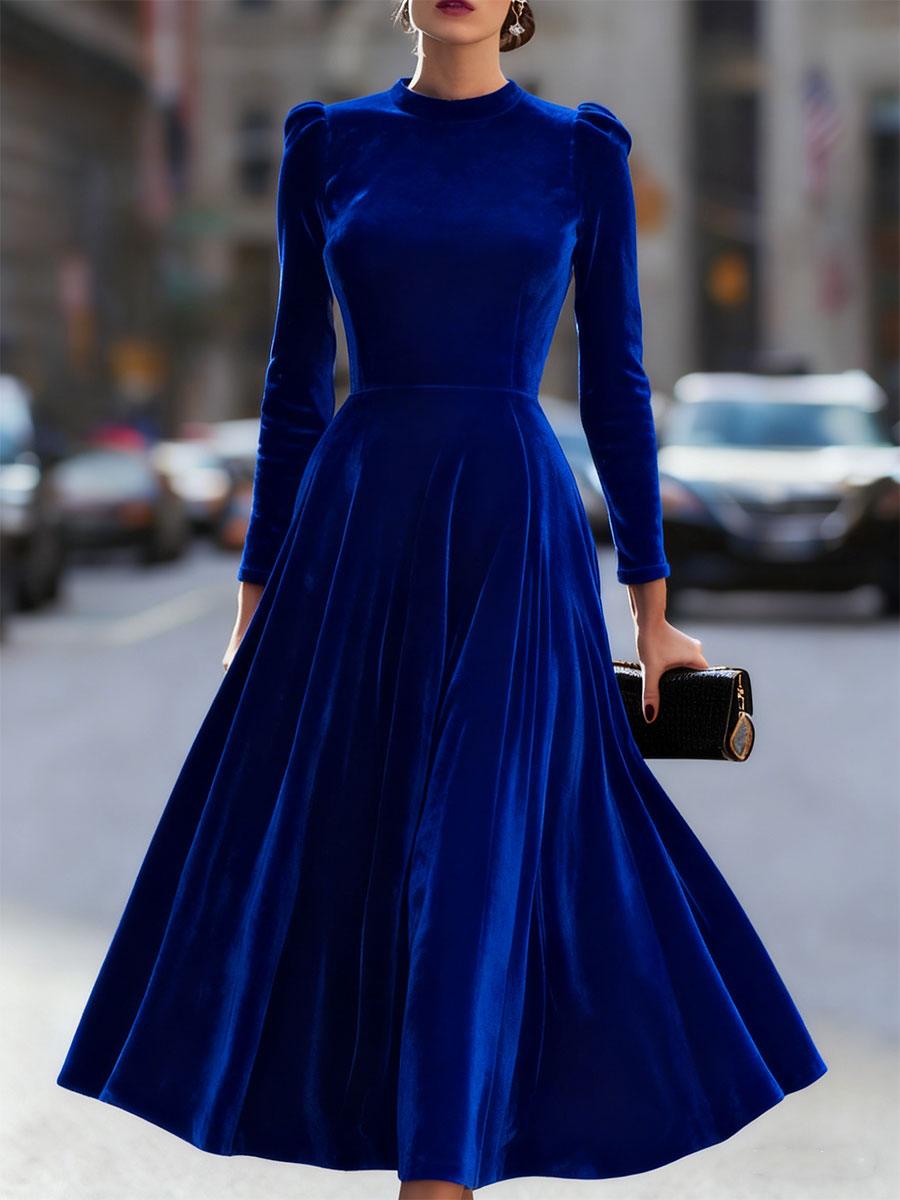 Samtkleid Damen Midi Langarm | Abendkleid Elegant Taillierte | Festliches Kleid Rundhals