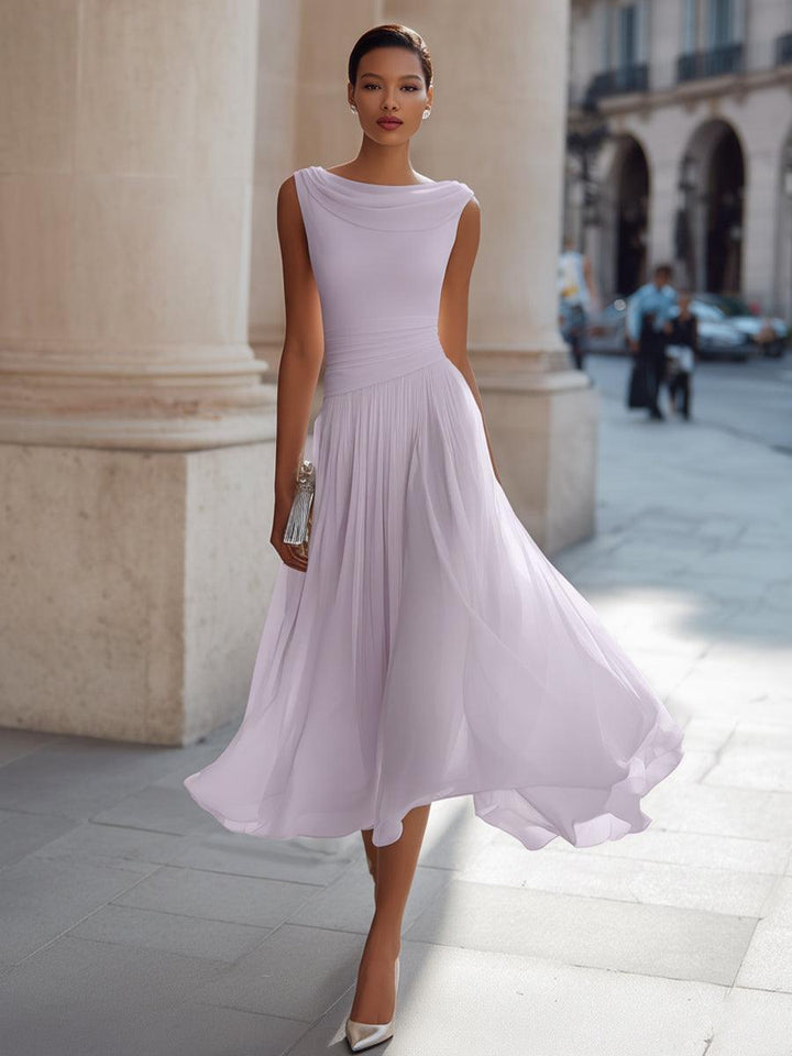 Abendkleid Midi Elegant | Hochzeitskleid mit Drapierausschnitt | Festkleid Ärmellos