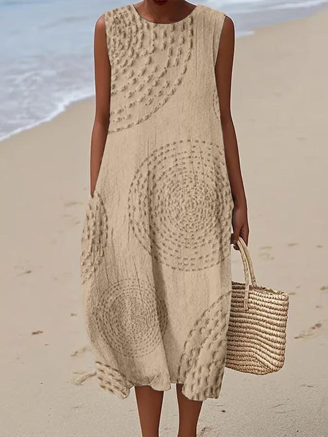 Maxikleid Damen Texturiert | Sommerkleid Damen Ärmellos Taschen | Strandkleid Damen Rundhals Leicht
