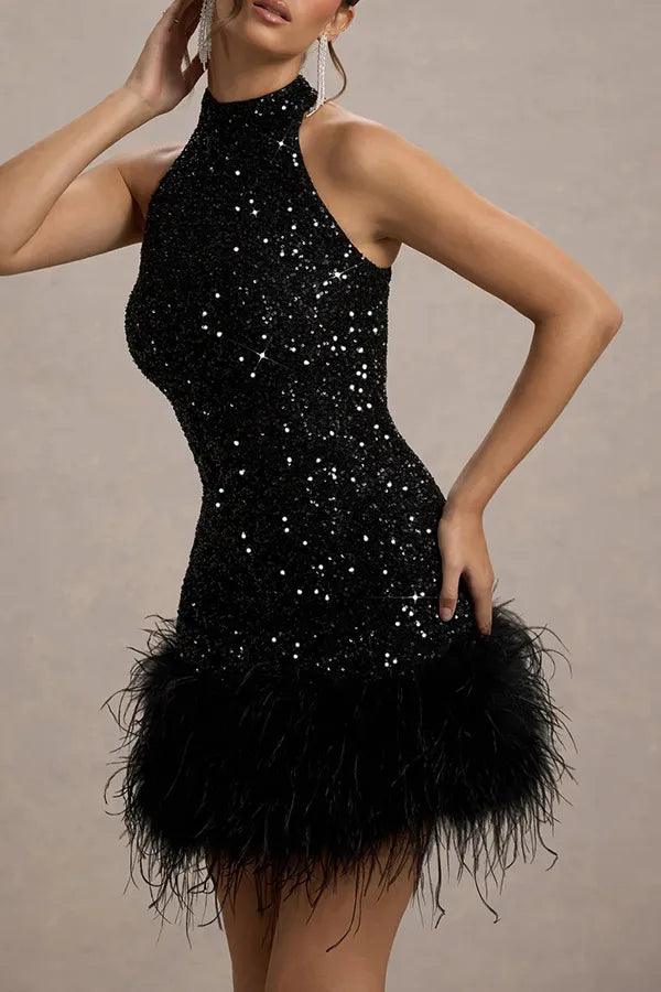 Paillettenkleid Damen Mini | Neckholder Kleid Abend Perlen | Cocktailkleid Damen Kurz Glamourös