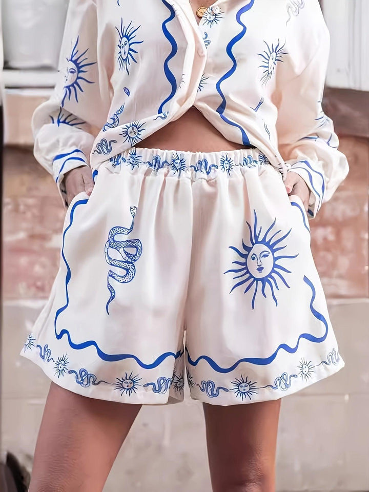 Twinset Damen Sommer | Hemd und Shorts Set Sonnenmotiv | Strand Co-Ord Set Casual