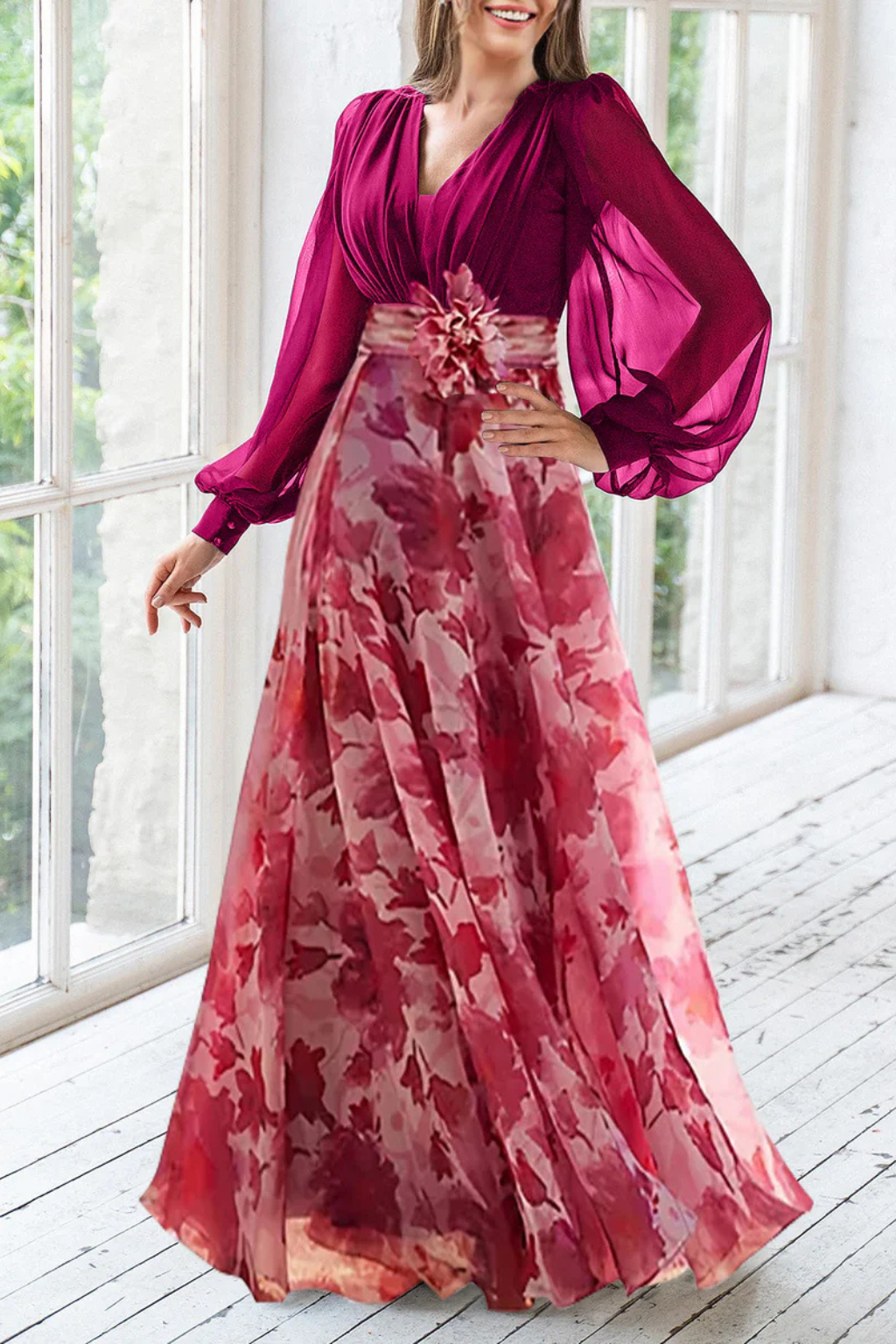 Abendkleider Damen Lang | Kleider Damen Blumenprint Ballonärmel | Maxikleid Hochzeitsgast V-Ausschnitt