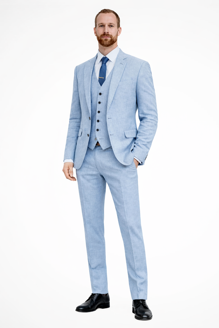 Herren Anzug Dreiteiler Leinen | Blazer Weste Hose Hochzeit | Hochzeitsanzug Hellblau Elegant