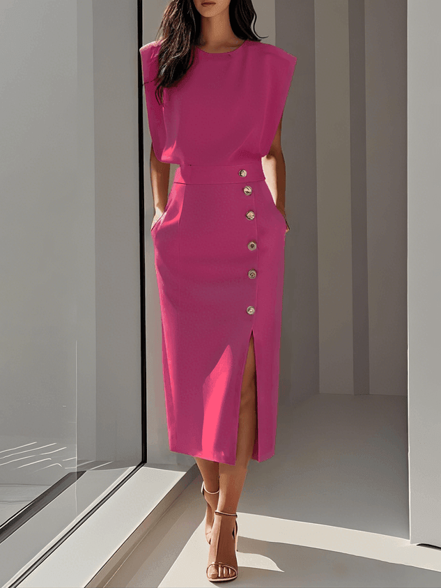 Bleistiftkleid Damen Midi Knöpfe | Ärmellos Kleid Damen Strukturiert | Kleider Damen Elegant Business