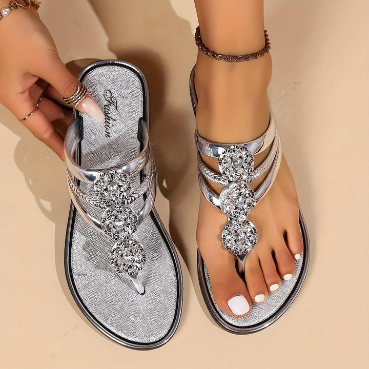 Sandalen Damen Flach Glitzer | Strass Verstellbar Elegant | Sommersandalen Gepolstert Komfort