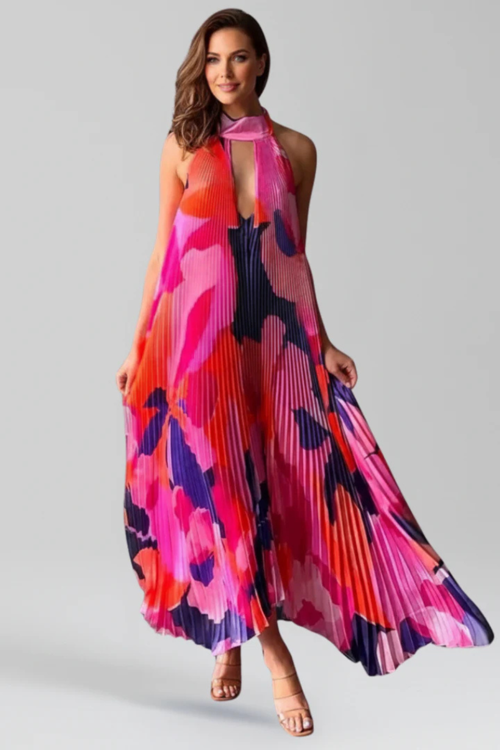 Maxikleid Damen Halter Bunt | Gefaltet Schlüsselloch Print | Hochzeitsgast Kleid Sommer