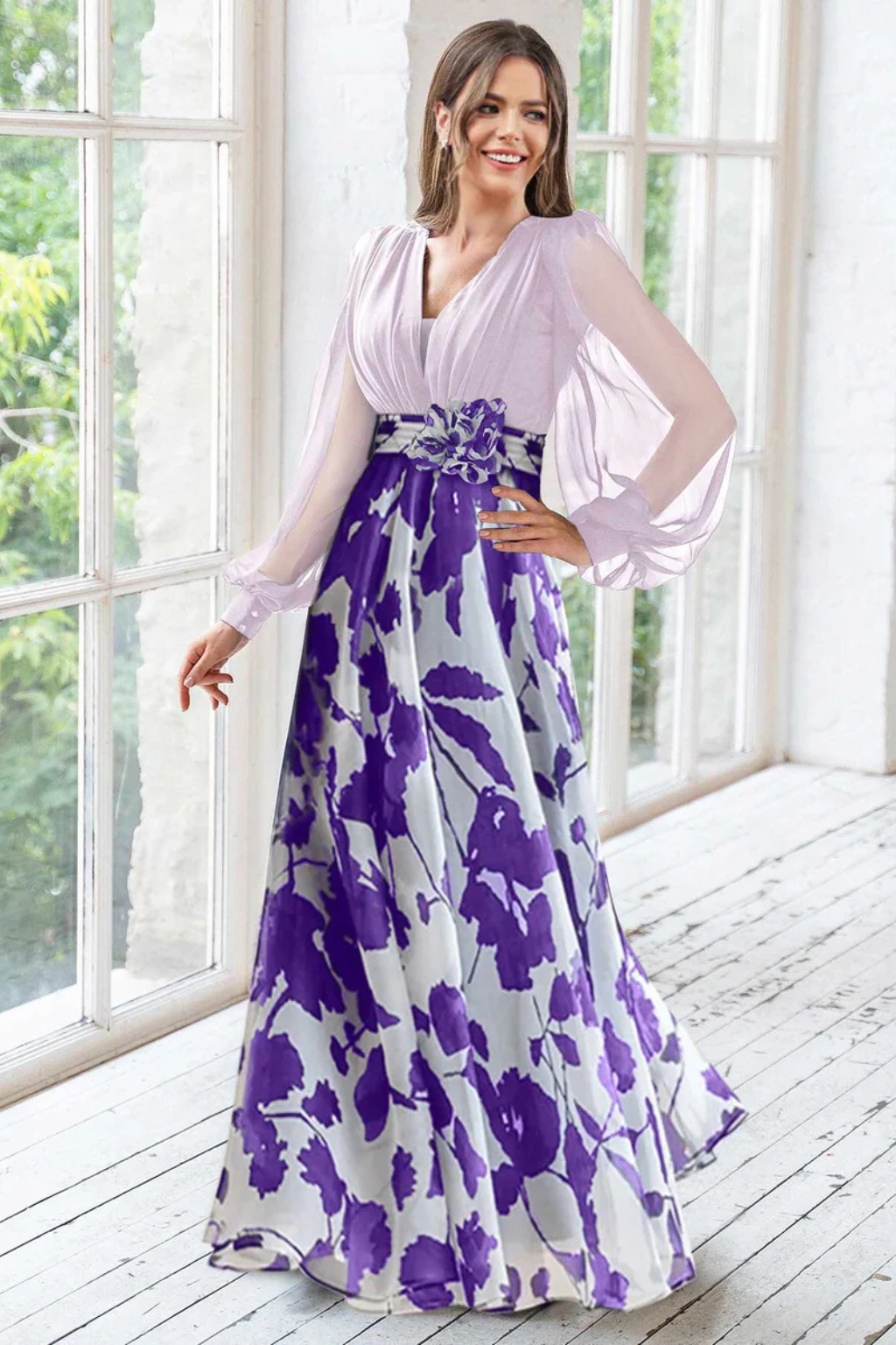Abendkleider Damen Lang | Kleider Damen Blumenprint Ballonärmel | Maxikleid Hochzeitsgast V-Ausschnitt