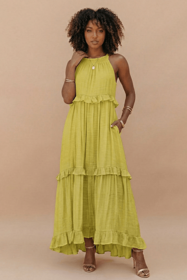Sommerkleider Damen Maxi | Kleider Damen Rüschen Taschen | Hochzeitsgast Maxikleid Rückenfrei