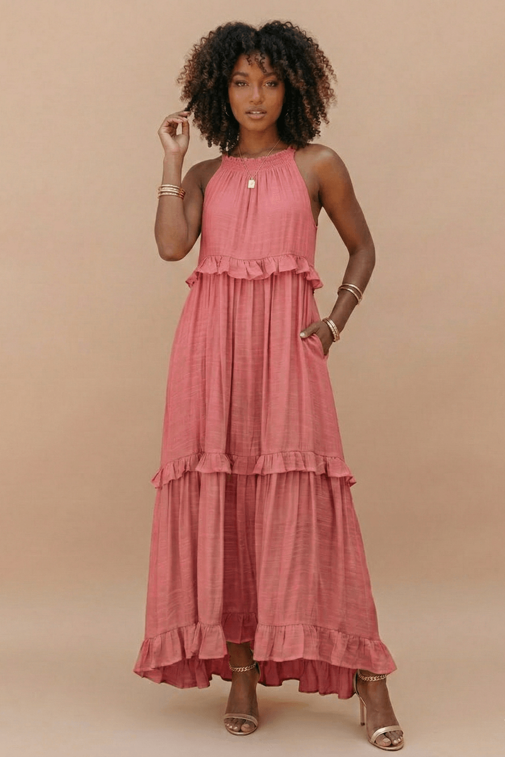 Sommerkleider Damen Maxi | Kleider Damen Rüschen Taschen | Hochzeitsgast Maxikleid Rückenfrei