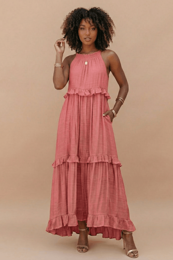 Sommerkleider Damen Maxi | Kleider Damen Rüschen Taschen | Hochzeitsgast Maxikleid Rückenfrei