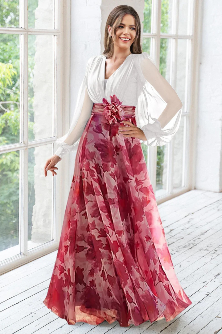 Abendkleider Damen Lang | Kleider Damen Blumenprint Ballonärmel | Maxikleid Hochzeitsgast V-Ausschnitt