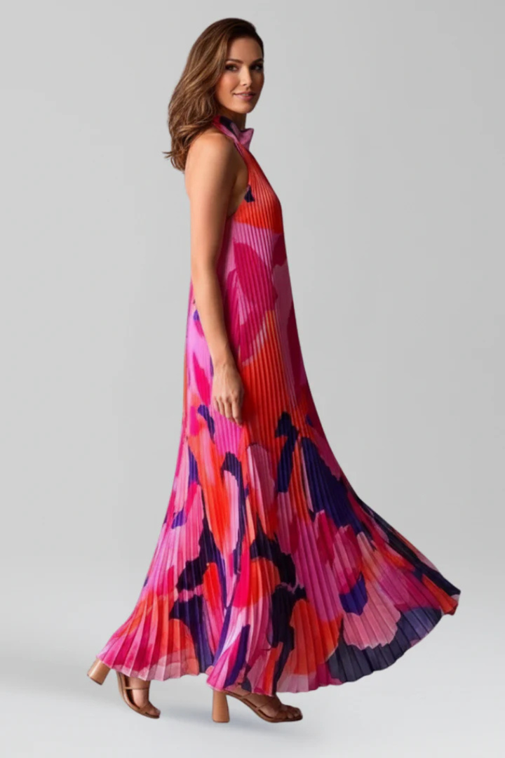 Maxikleid Damen Halter Bunt | Gefaltet Schlüsselloch Print | Hochzeitsgast Kleid Sommer