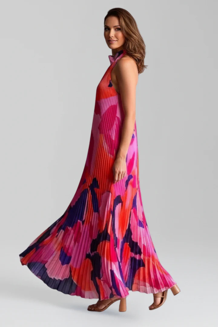 Maxikleid Damen Halter Bunt | Gefaltet Schlüsselloch Print | Hochzeitsgast Kleid Sommer
