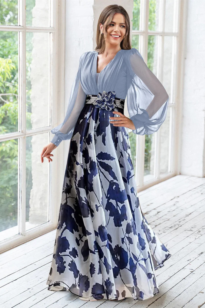 Abendkleider Damen Lang | Kleider Damen Blumenprint Ballonärmel | Maxikleid Hochzeitsgast V-Ausschnitt