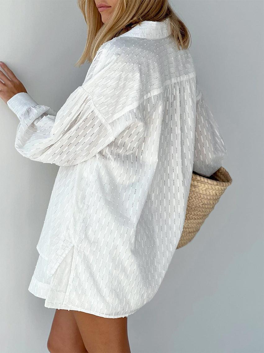 Sommerset Damen Zweiteiler | Strandtunika Damen Langarm Shorts | Loungewear Damen Lochstoff Sommer