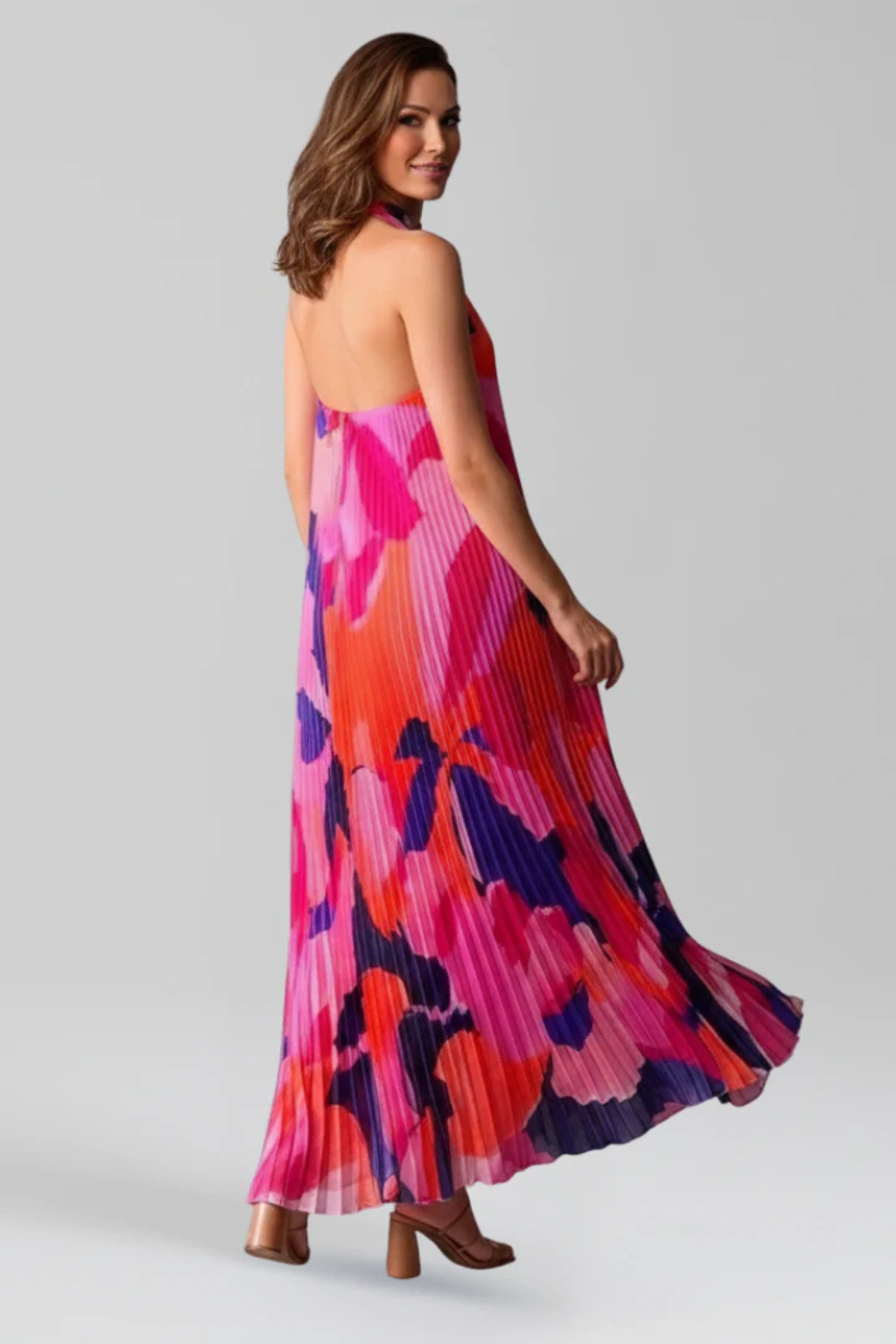Maxikleid Damen Halter Bunt | Gefaltet Schlüsselloch Print | Hochzeitsgast Kleid Sommer