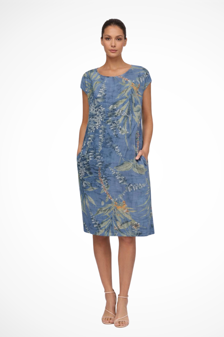 Sommerkleid Damen Botanisch | Freizeitkleid Ärmelos Seitentaschen | Locker Kleid Damen Leicht