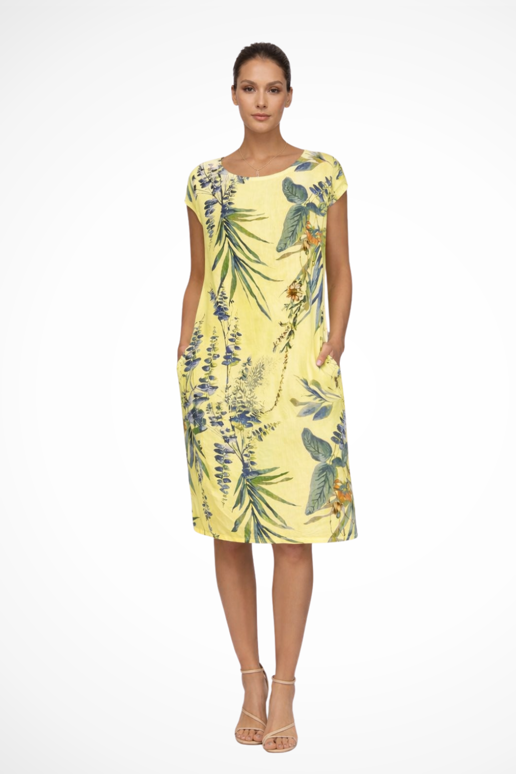 Sommerkleid Damen Botanisch | Freizeitkleid Ärmelos Seitentaschen | Locker Kleid Damen Leicht