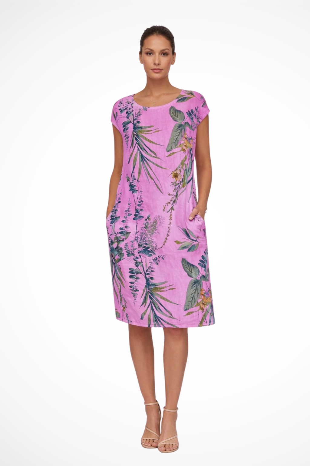 Sommerkleid Damen Botanisch | Freizeitkleid Ärmelos Seitentaschen | Locker Kleid Damen Leicht