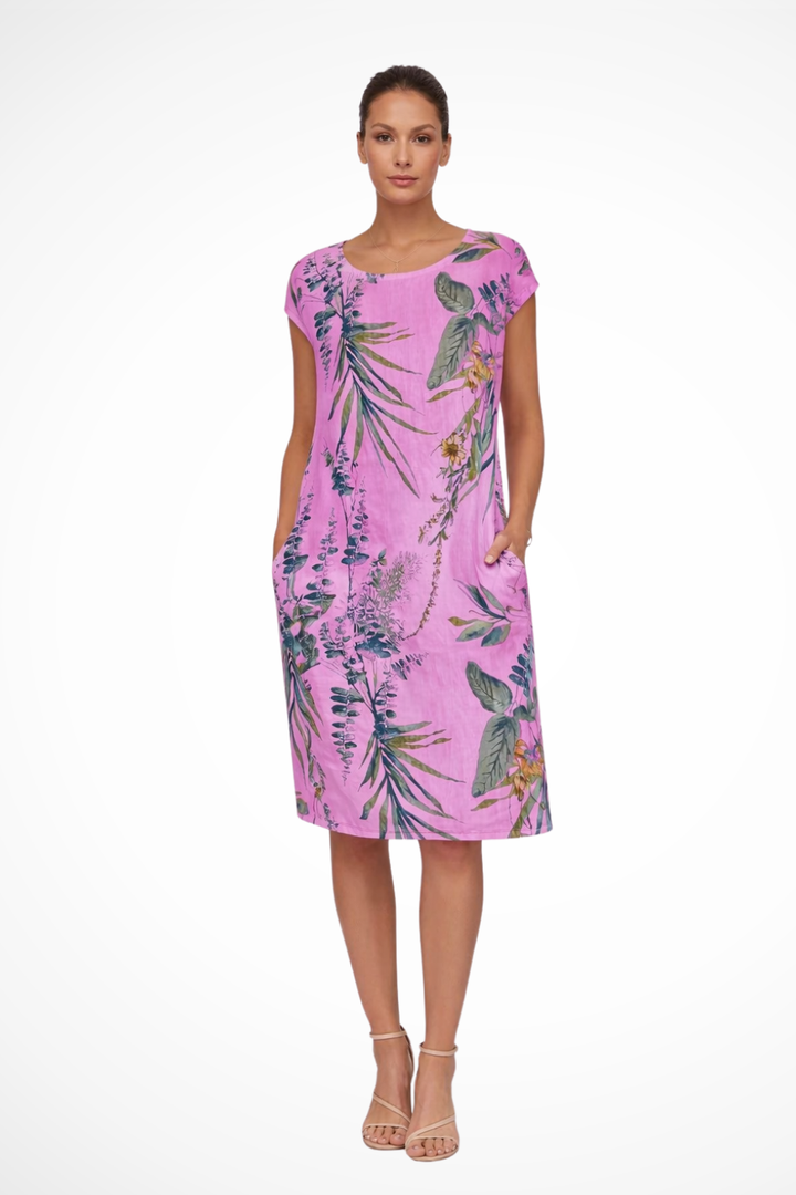 Sommerkleid Damen Botanisch | Freizeitkleid Ärmelos Seitentaschen | Locker Kleid Damen Leicht