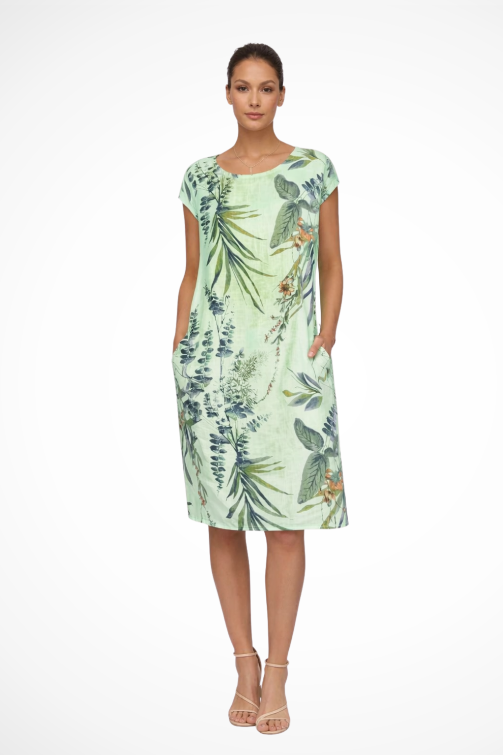 Sommerkleid Damen Botanisch | Freizeitkleid Ärmelos Seitentaschen | Locker Kleid Damen Leicht