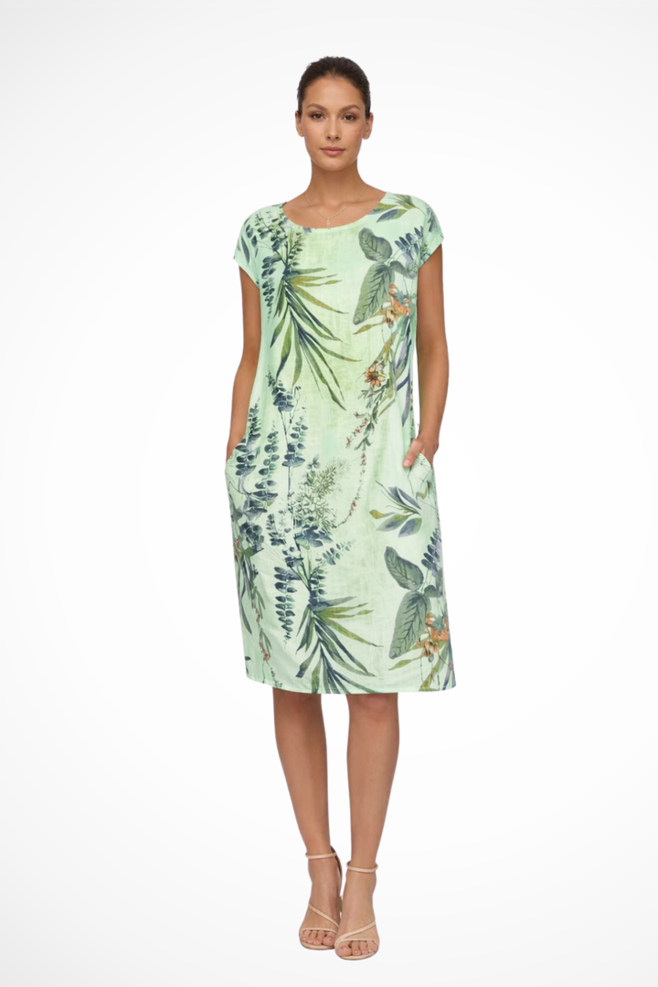 Sommerkleid Damen Botanisch | Freizeitkleid Ärmelos Seitentaschen | Locker Kleid Damen Leicht