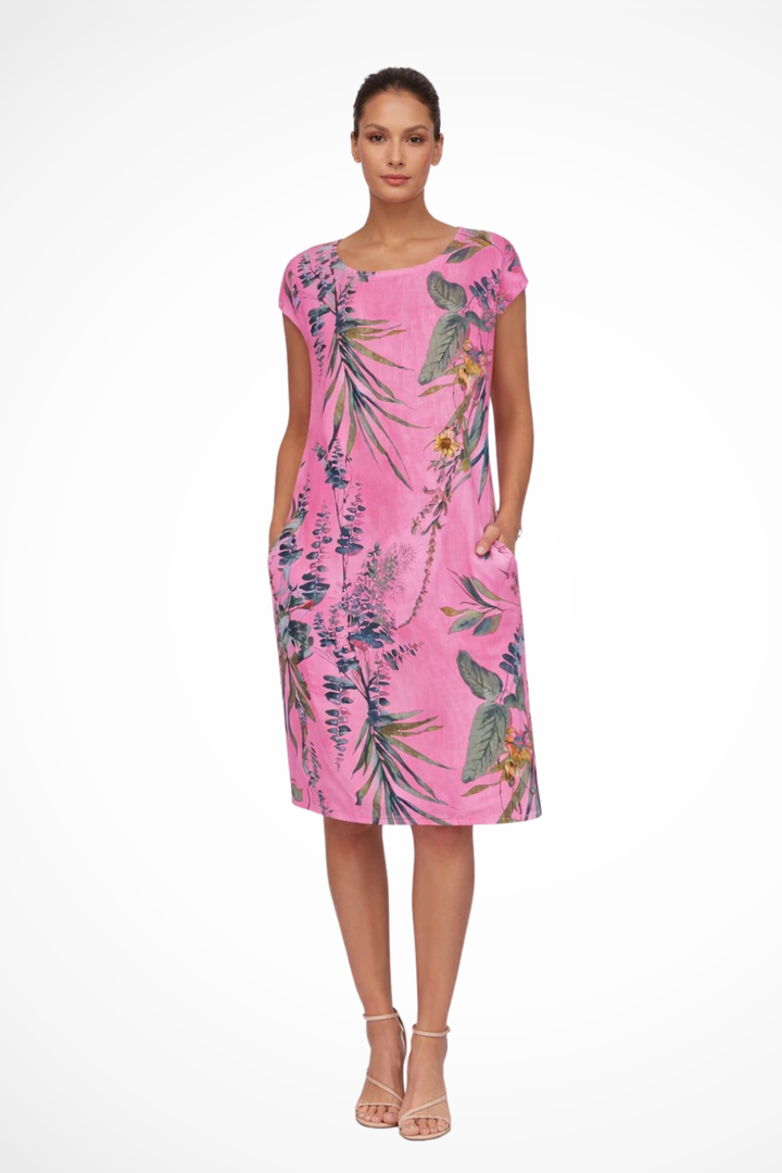 Sommerkleid Damen Botanisch | Freizeitkleid Ärmelos Seitentaschen | Locker Kleid Damen Leicht