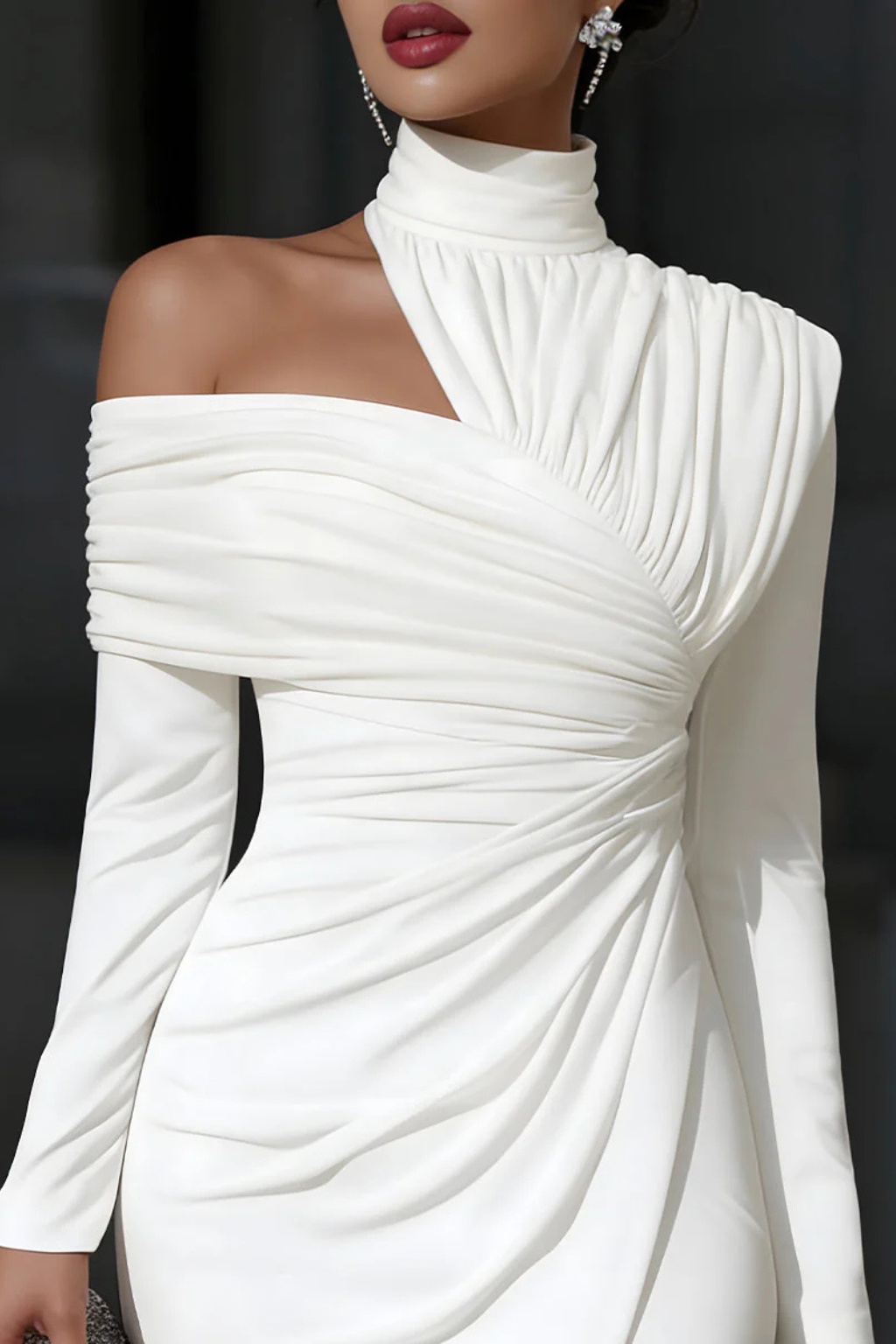 Midikleid Damen One Shoulder | Asymmetrisch Drapiert Langarm | Hochzeitsgast Kleid Elegant
