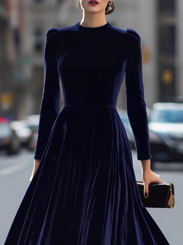 Samtkleid Damen Midi Langarm | Abendkleid Elegant Taillierte | Festliches Kleid Rundhals