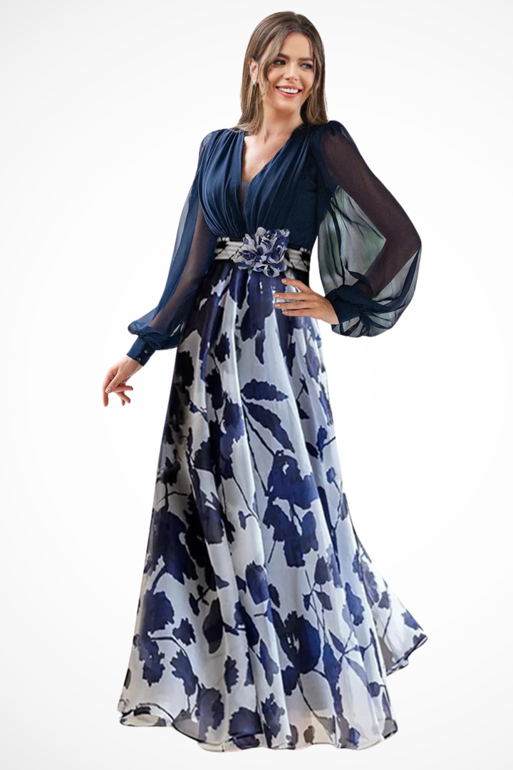 Abendkleider Damen Lang | Kleider Damen Blumenprint Ballonärmel | Maxikleid Hochzeitsgast V-Ausschnitt