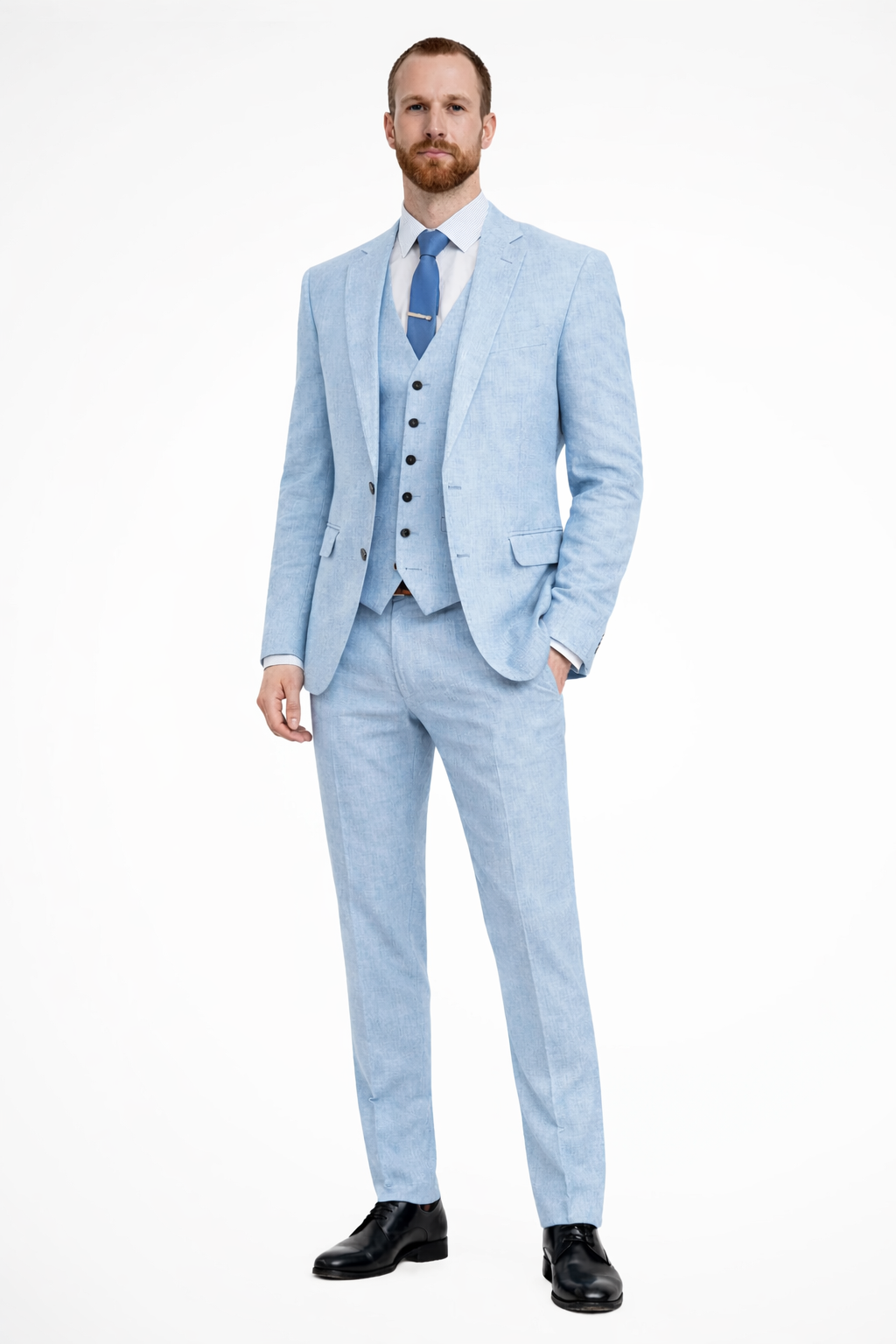 Herren Anzug Dreiteiler Leinen | Blazer Weste Hose Hochzeit | Hochzeitsanzug Hellblau Elegant