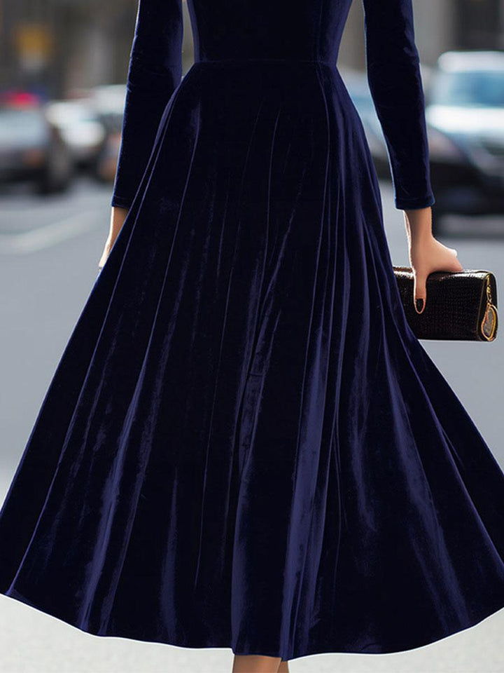 Samtkleid Damen Midi Langarm | Abendkleid Elegant Taillierte | Festliches Kleid Rundhals