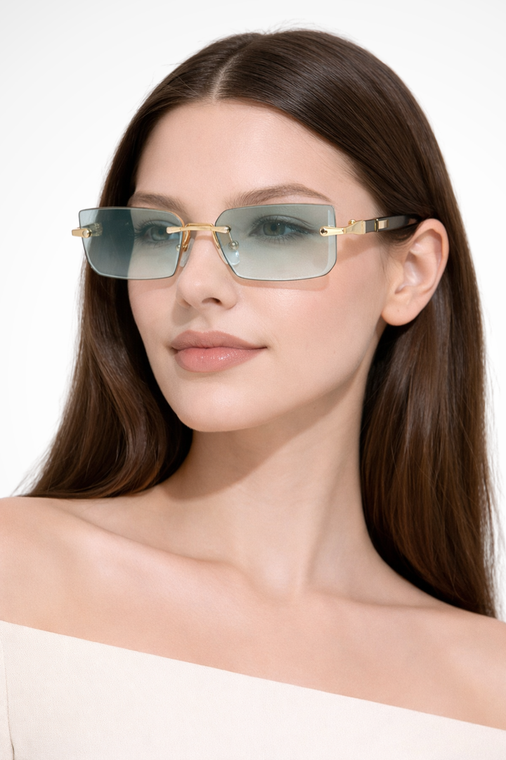 Rahmenlose Sonnenbrille Damen | Rechteckige Sonnenbrille Metall | UV Schutz Brille Damen Schlank