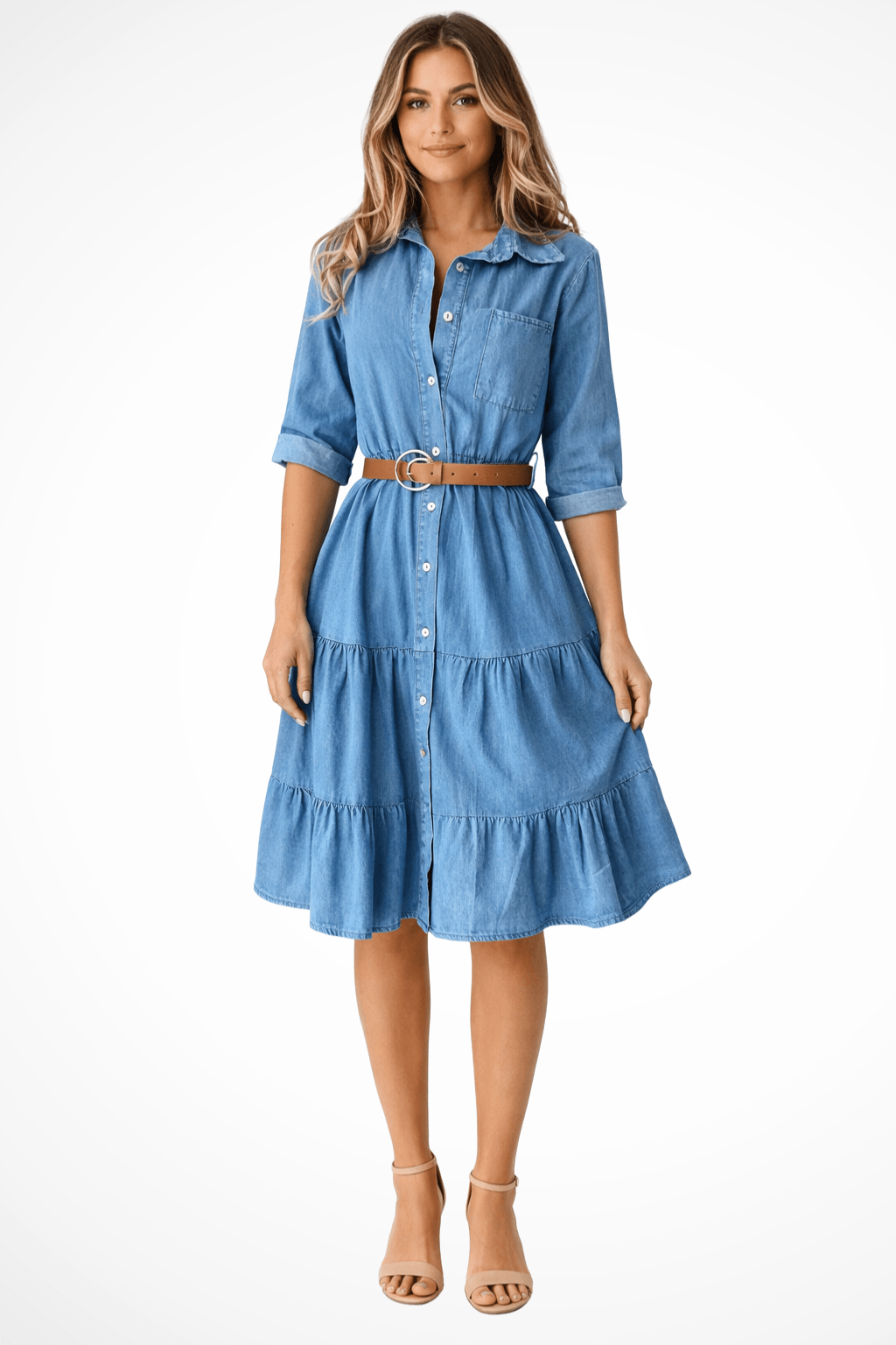 Jeanskleid Damen Hemdkleid Midi | Gestuft Gürtel Knopfleiste | Denimkleid Casual Vielseitig