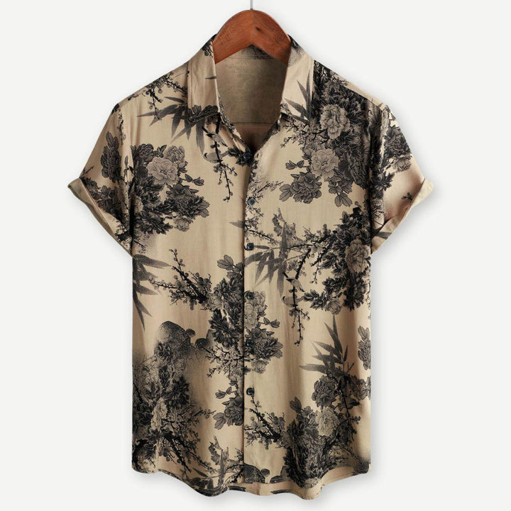 Hemd Herren Print Spitzkragen | Männer Sommerhemd Beige | Knopfhemd Kurzarm Gemustert