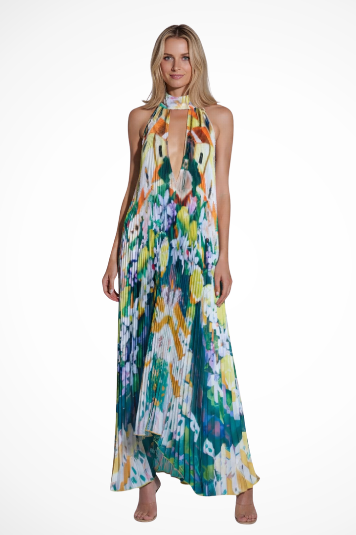 Maxikleid Damen Halter Bunt | Gefaltet Schlüsselloch Print | Hochzeitsgast Kleid Sommer