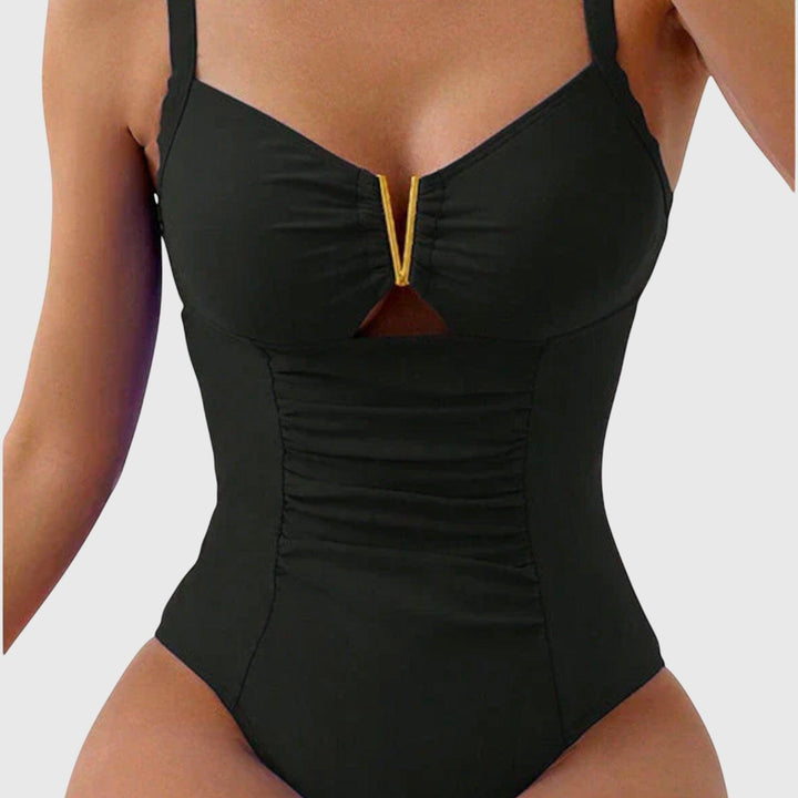 Badeanzug Damen Cut Out | Einteiler V-Ausschnitt Geraffte Front | Schwimmanzug Strand Pool Sommer