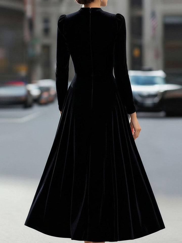 Samtkleid Damen Midi Langarm | Abendkleid Elegant Taillierte | Festliches Kleid Rundhals