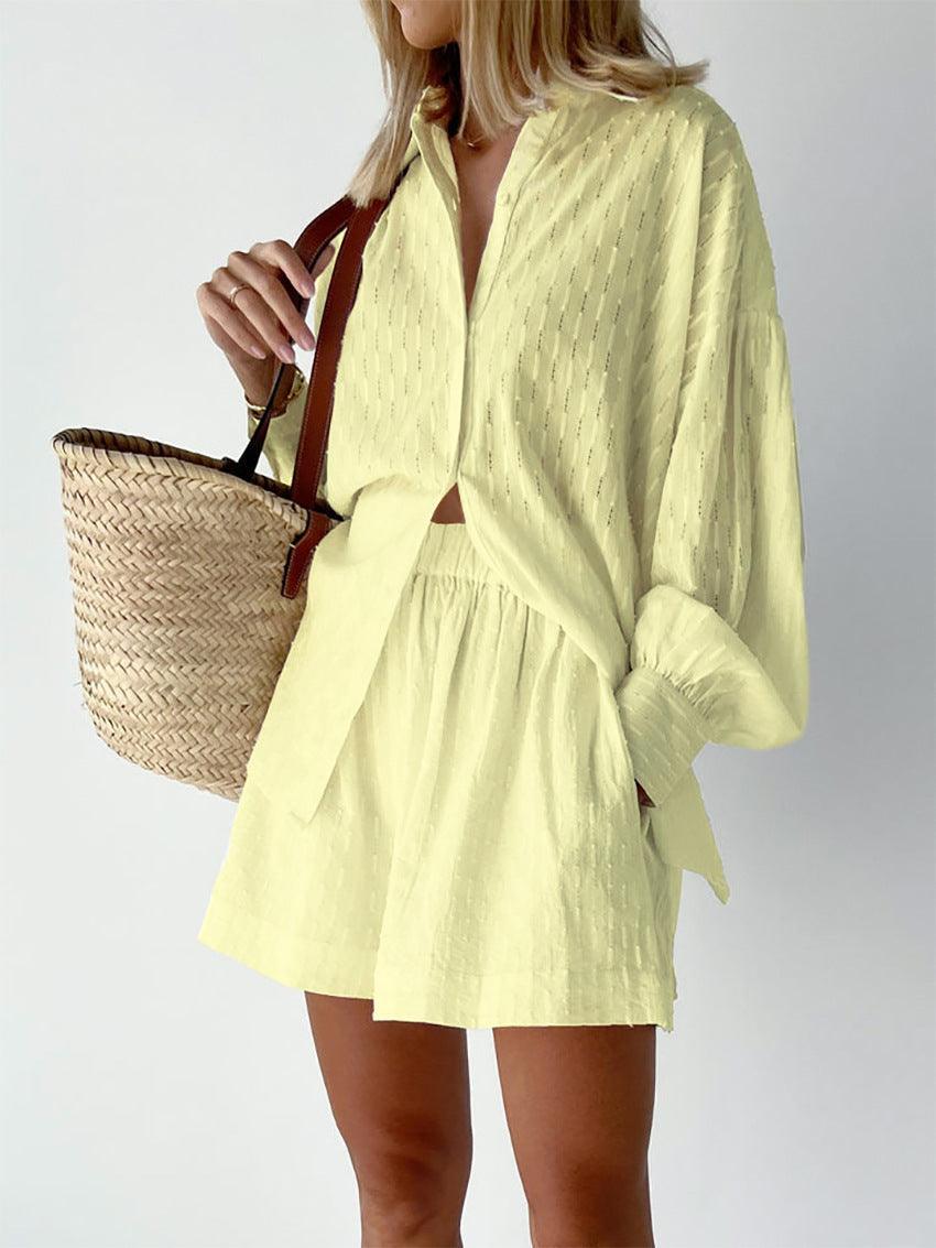 Sommerset Damen Zweiteiler | Strandtunika Damen Langarm Shorts | Loungewear Damen Lochstoff Sommer