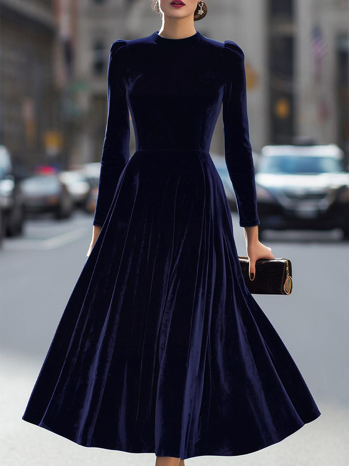 Samtkleid Damen Midi Langarm | Abendkleid Elegant Taillierte | Festliches Kleid Rundhals