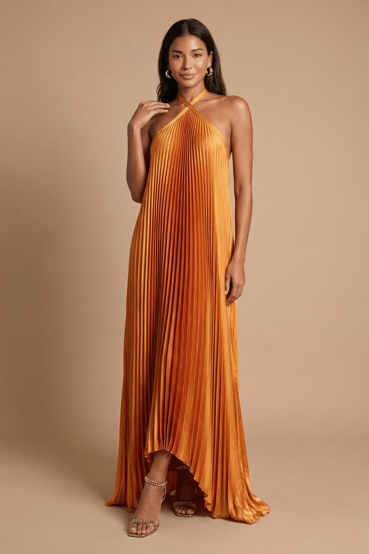 Plisseekleid Damen Maxi | Maxikleid Damen Halterausschnitt Rückenfrei | Festkleid Damen Fliessend Elegant