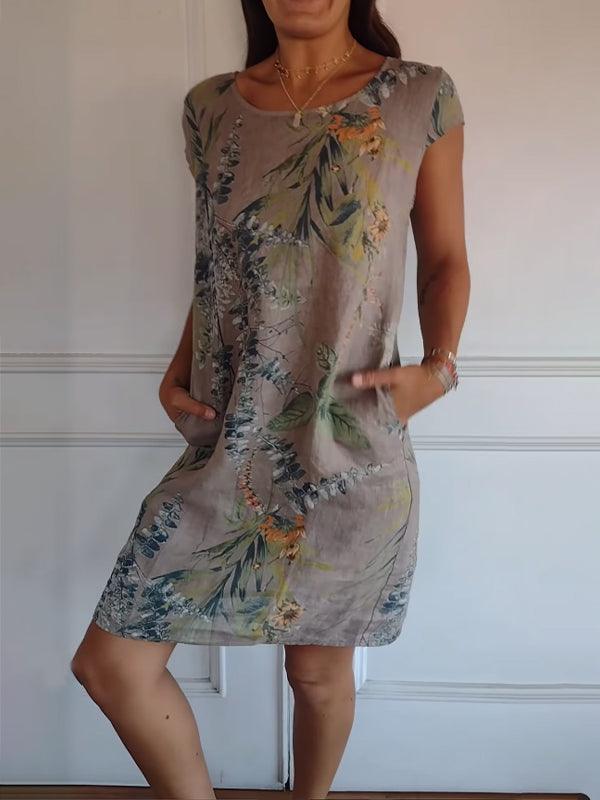 Sommerkleider Damen Midi | Freizeitkleid Damen V-Ausschnitt Taschen | Blattdruck Kleid Damen Leicht