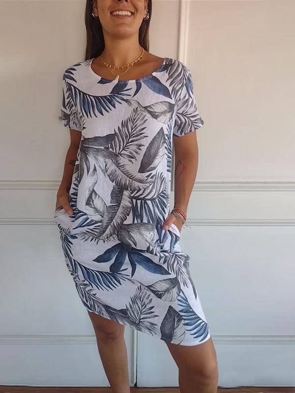 Sommerkleider Damen Midi | Freizeitkleid Damen V-Ausschnitt Taschen | Blattdruck Kleid Damen Leicht