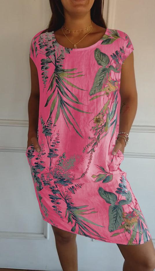Sommerkleider Damen Midi | Freizeitkleid Damen V-Ausschnitt Taschen | Blattdruck Kleid Damen Leicht