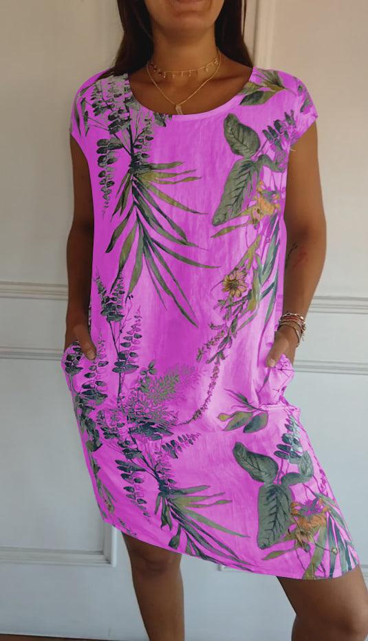 Sommerkleider Damen Midi | Freizeitkleid Damen V-Ausschnitt Taschen | Blattdruck Kleid Damen Leicht