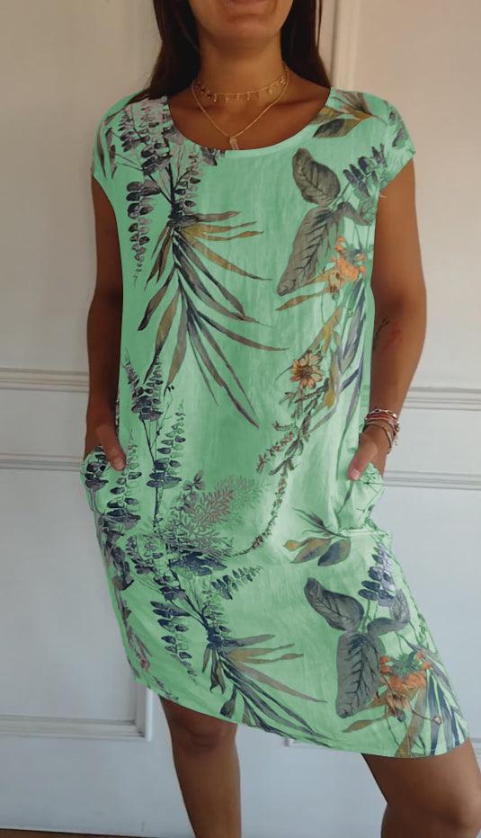 Sommerkleider Damen Midi | Freizeitkleid Damen V-Ausschnitt Taschen | Blattdruck Kleid Damen Leicht