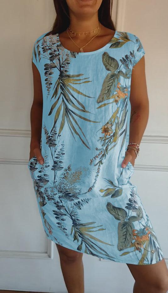 Sommerkleider Damen Midi | Freizeitkleid Damen V-Ausschnitt Taschen | Blattdruck Kleid Damen Leicht