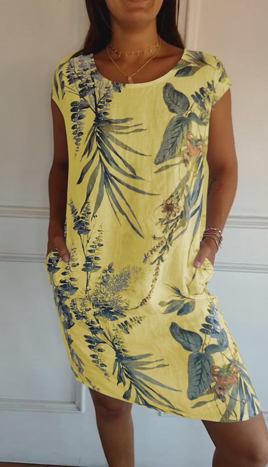 Sommerkleider Damen Midi | Freizeitkleid Damen V-Ausschnitt Taschen | Blattdruck Kleid Damen Leicht