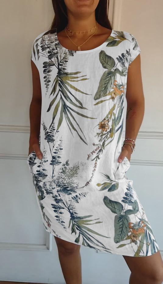 Sommerkleider Damen Midi | Freizeitkleid Damen V-Ausschnitt Taschen | Blattdruck Kleid Damen Leicht